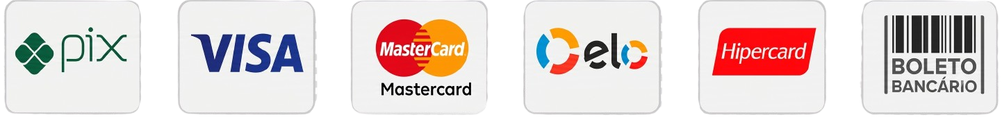Formas de pagamento aceitas: Pix, Visa, Mastercard, Elo, Hipercard, Boleto